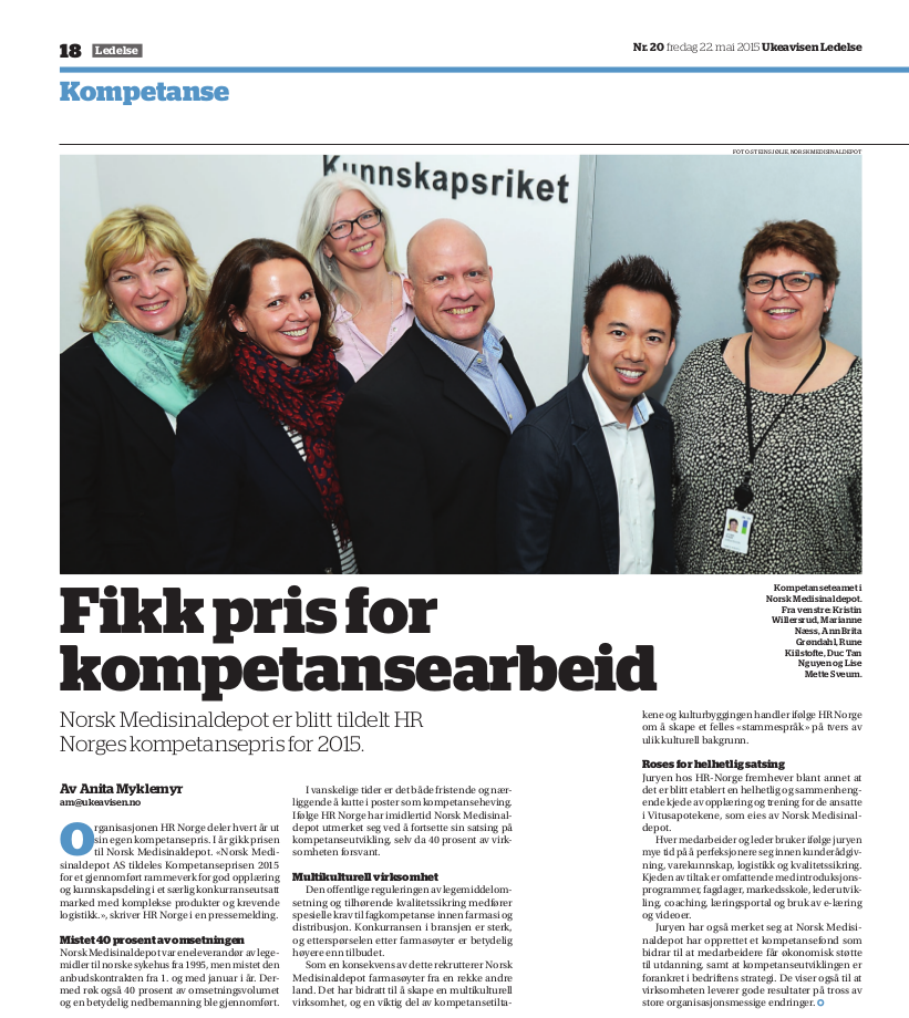 2015 05 22 Ukeavisen Ledelse NMD fikk pris for kompetansearbeid