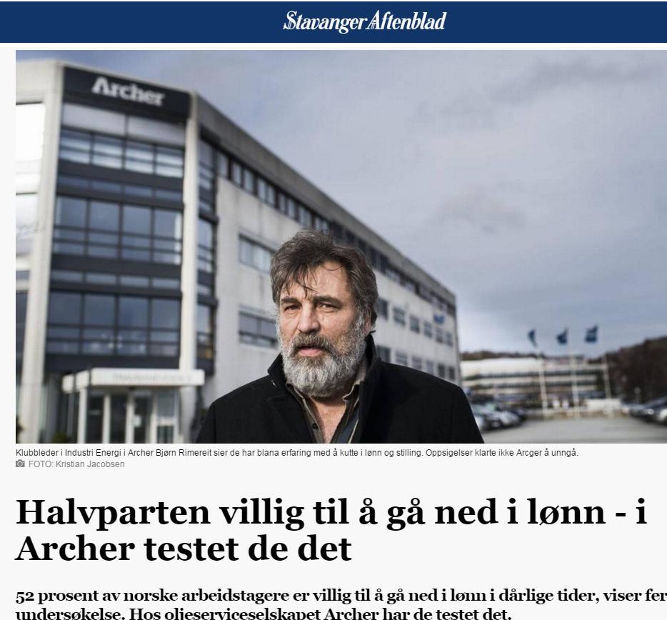 2016 02 01 Stavanger Aftenblad A Lx Halvparten villig ned i lønn i Archer testet de det utsnitt